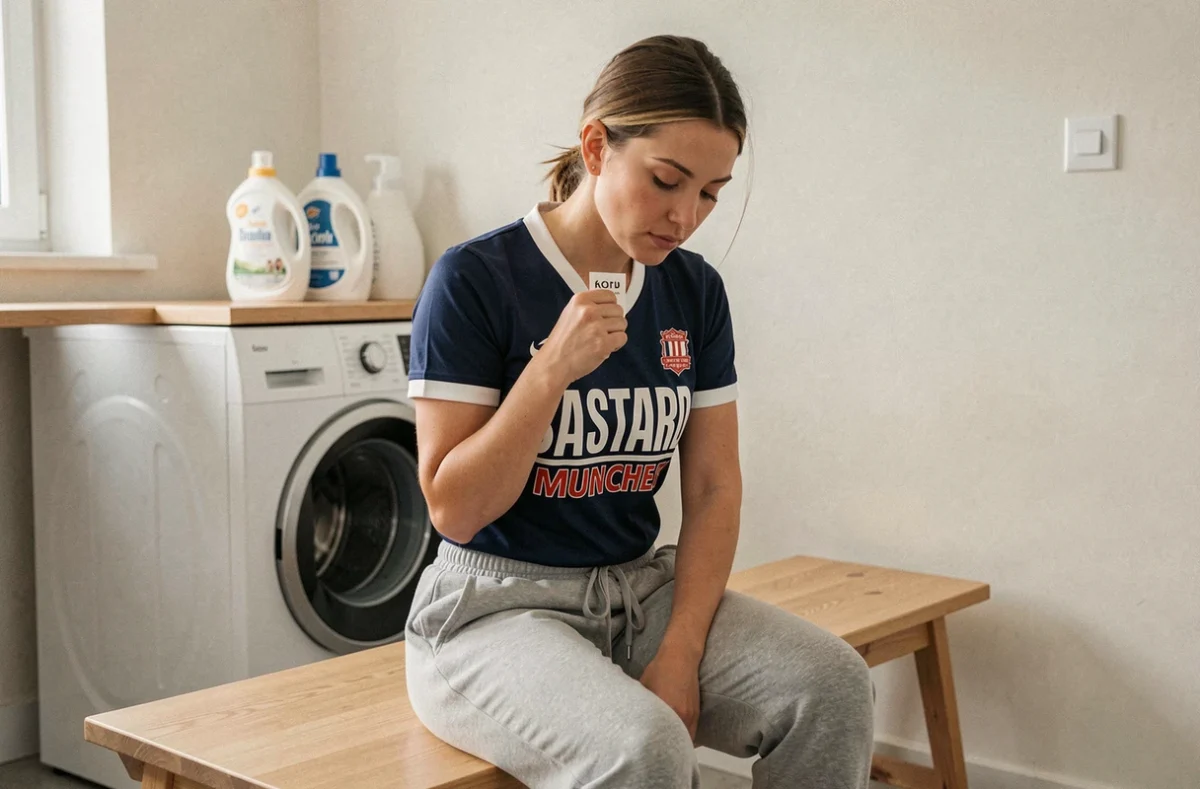 Femme lisant l'étiquette d'entretien d'un maillot Bastard Munchen avant le lavage en machine