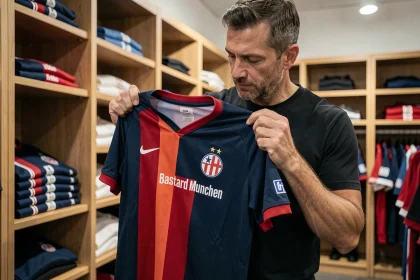 Fan examinant un maillot Bastard Munchen dans un magasin de sport, inspection des coutures et de la coupe