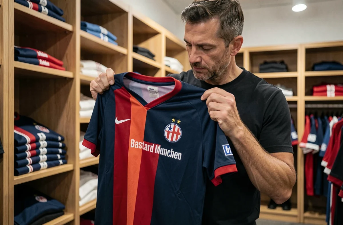 Fan examinant un maillot Bastard Munchen dans un magasin de sport, inspection des coutures et de la coupe