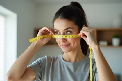Femme mesurant son tour de tête avec un mètre ruban souple pour déterminer sa taille de casquette