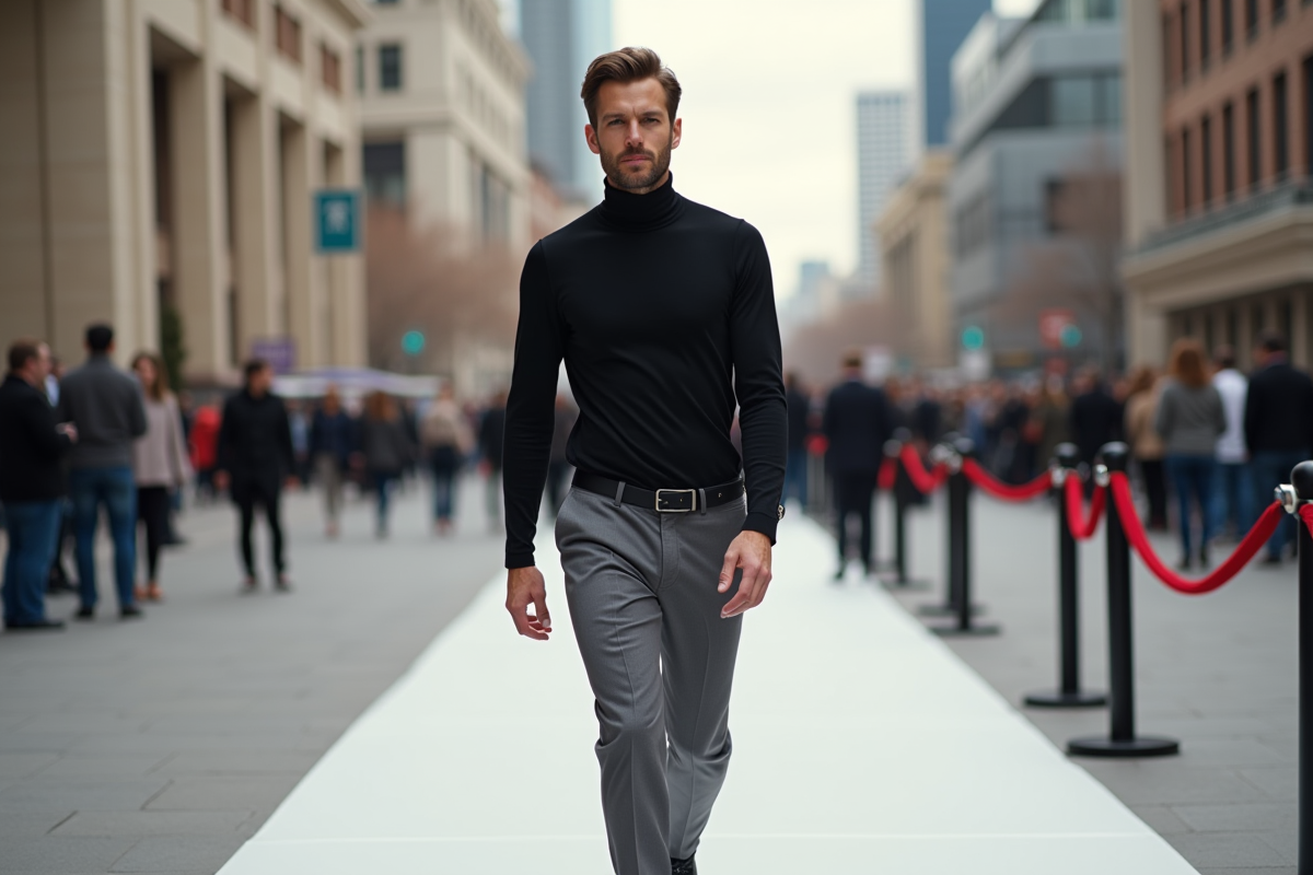 Homme en turtleneck et pantalon dans une rue urbaine