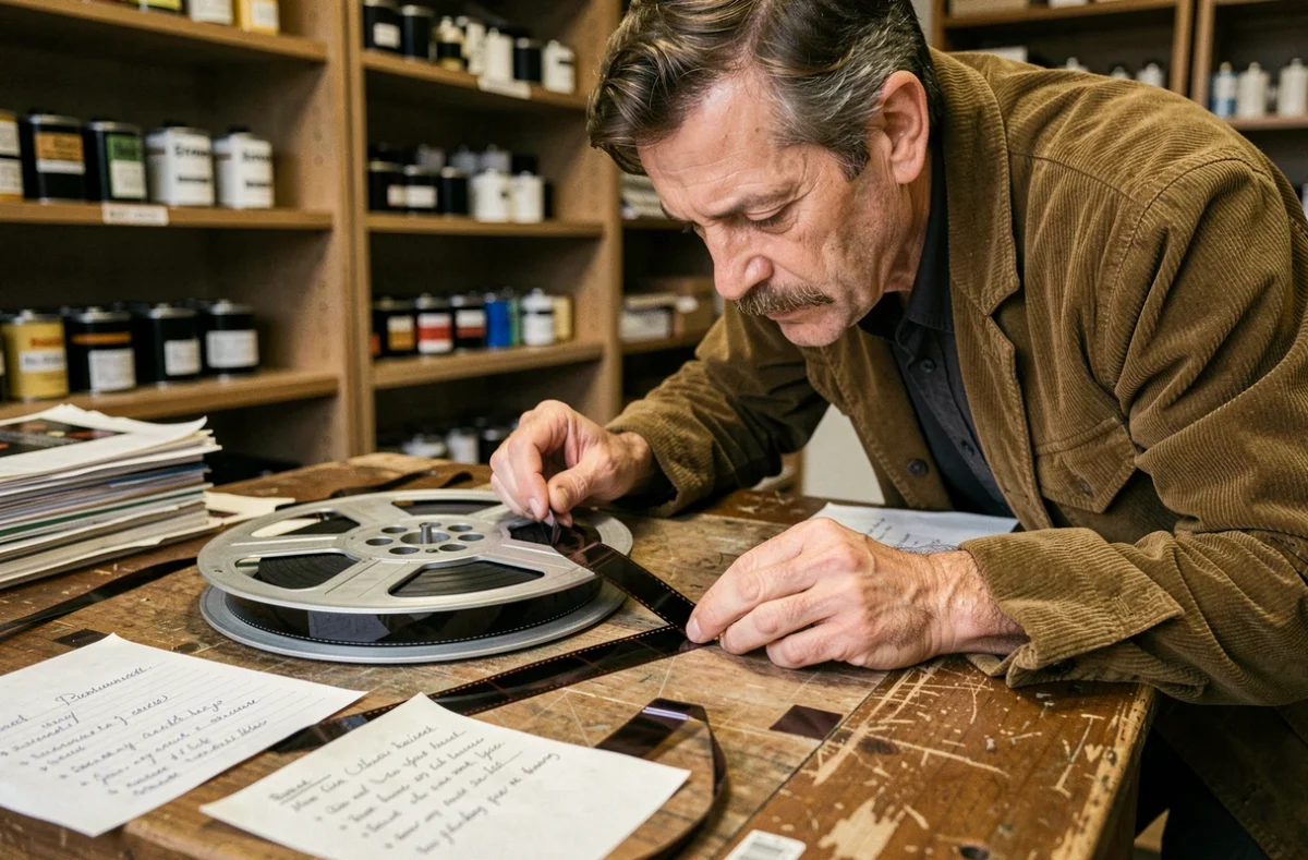 Monteur de film des années 70 analysant une bobine 16mm sur une table de montage vintage