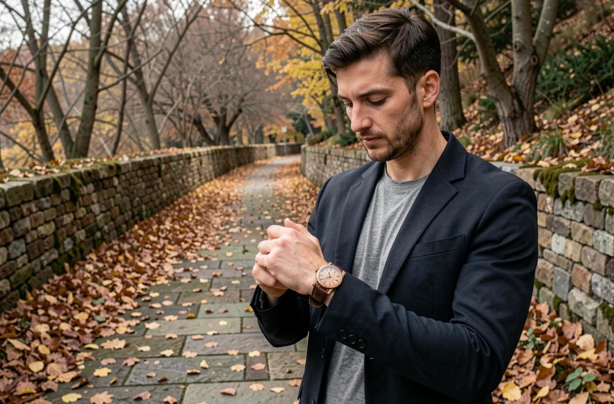 Jeune homme contemplant sa montre en bois dans un sentier automnal aux feuilles dorées