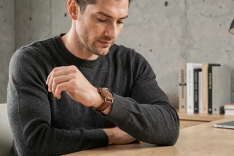 Homme élégant portant une montre bois minimaliste au poignet dans un bureau en béton brut
