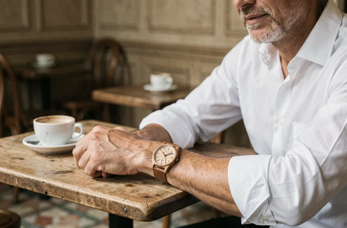 Homme mature avec montre en bois naturel attablé dans un café parisien minimaliste