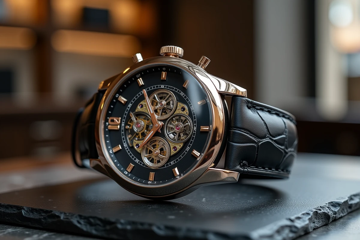 Montre mécanique de luxe squelettée posée sur ardoise noire dans une boutique horlogère genevoise