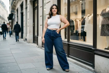 Femme morphologie en A portant un baggy jean taille haute et crop top blanc dans une rue parisienne