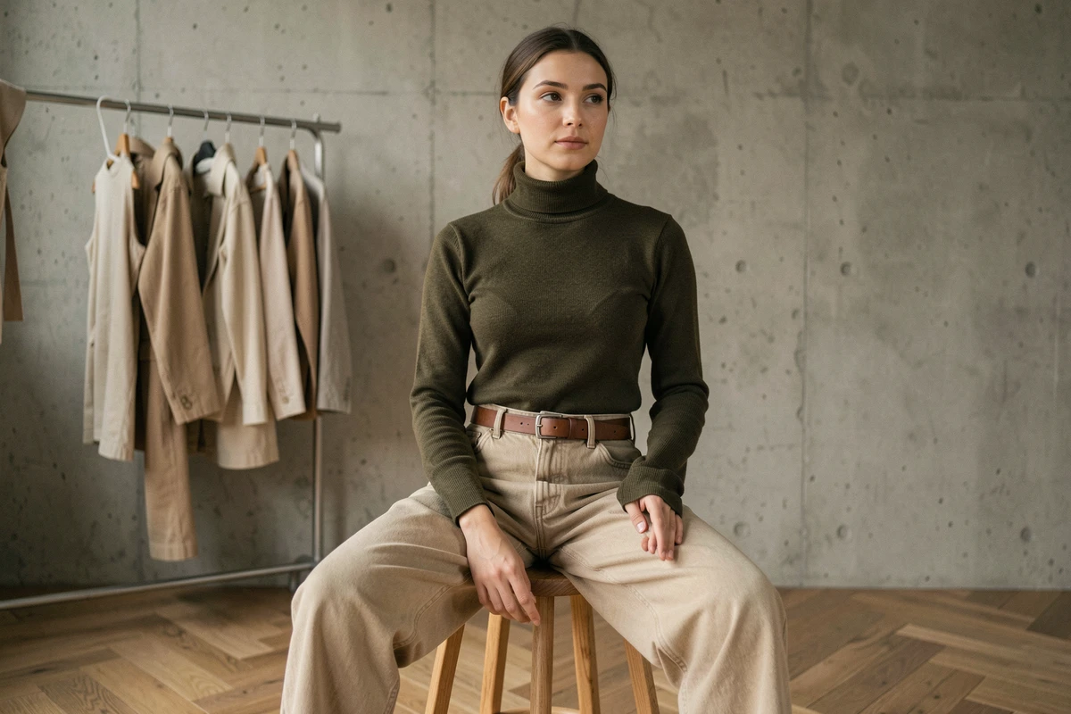 Femme morphologie en H en baggy jean beige et ceinture cuir dans un studio minimaliste