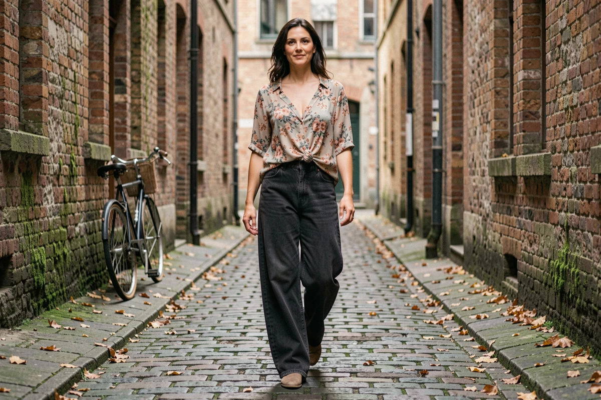Femme morphologie en V en baggy jean anthracite et blouse fleurie dans une ruelle européenne pavée