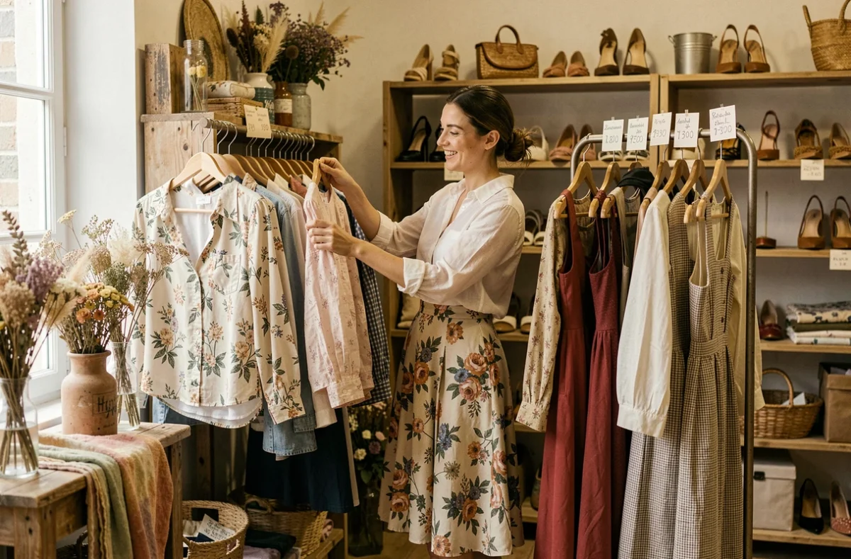 Jeune femme parcourant des vêtements uniques sur un portant dans la boutique indépendante Noshoes Collection à l'ambiance bohème
