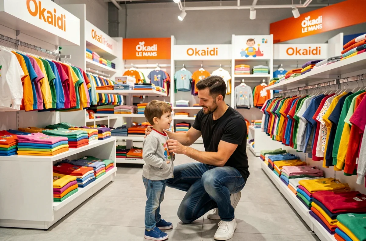 Un père aide son fils à essayer une veste dans la boutique Okaïdi du Mans, entourés de vêtements colorés pour enfants