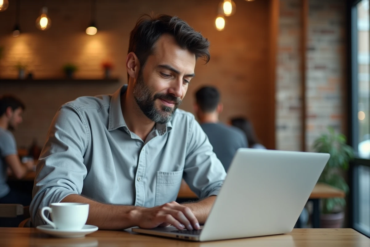 Homme effectuant un paiement en ligne sécurisé sur son ordinateur portable dans un café urbain