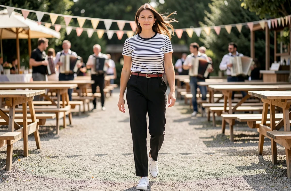 Femme en pantalon cigarette noir et marinière rayée se promenant dans une fête guinguette estivale avec ceinture rouge