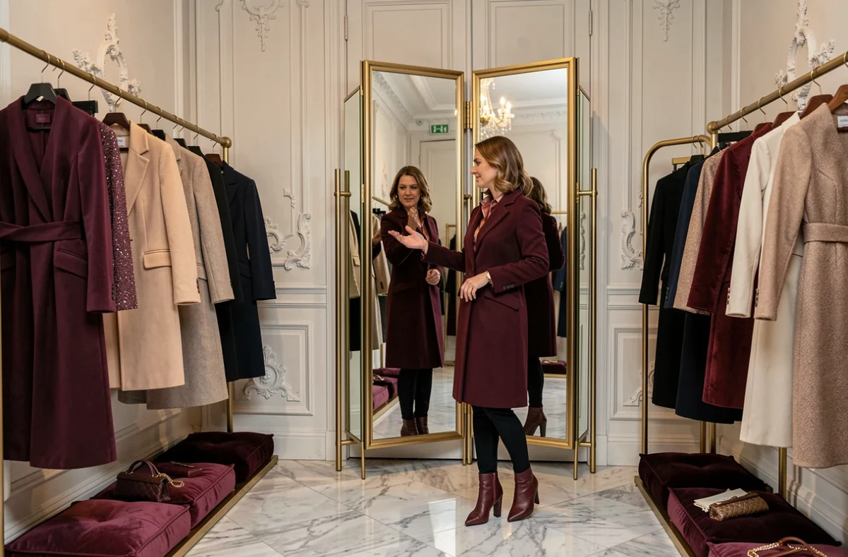 Femme élégante essayant un manteau tailleur dans la boutique Paris Couture à Rennes, cadre raffiné style parisien