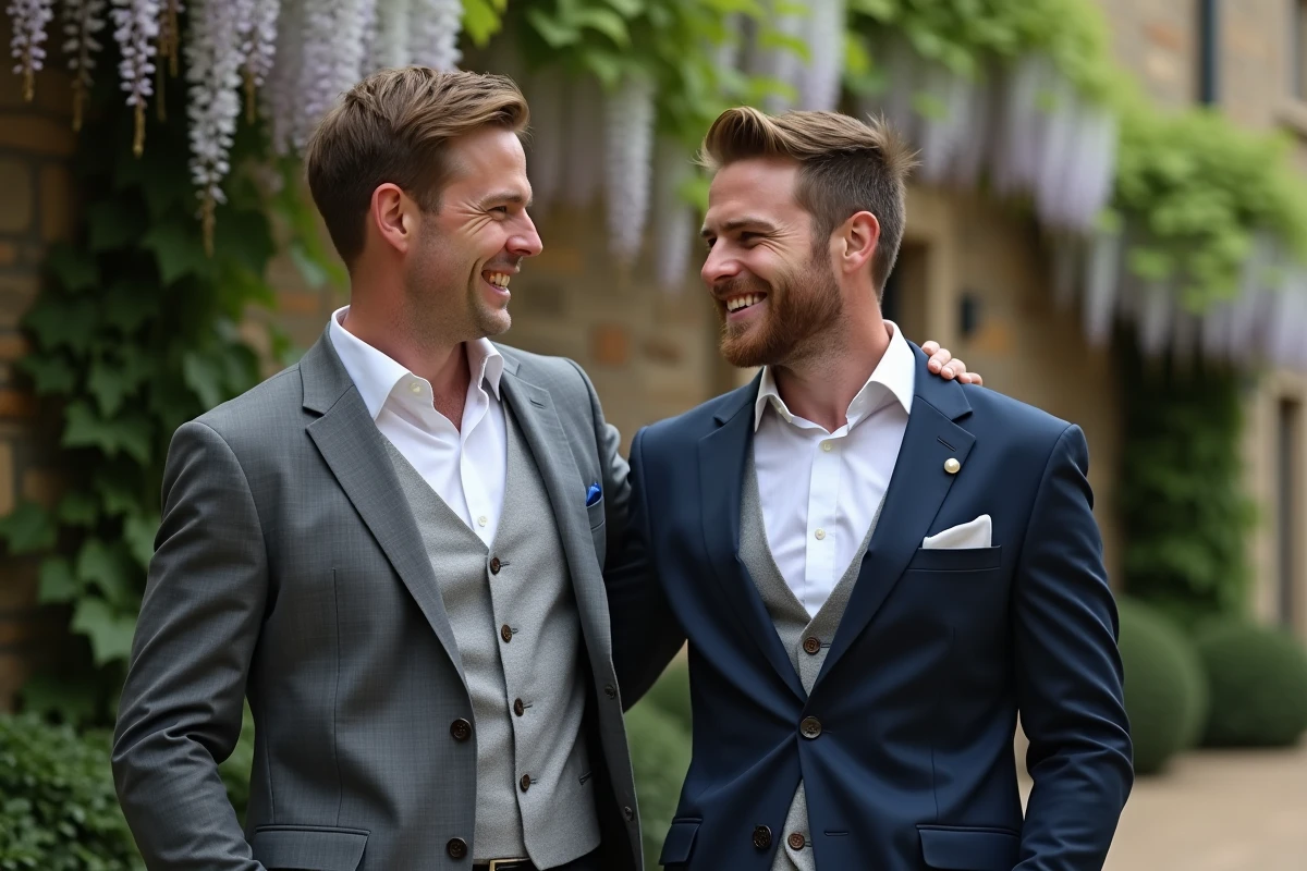 Deux hommes en costume lors d'un mariage, l'un portant un pendentif perle sur chaîne dorée, dans un cadre verdoyant et fleuri