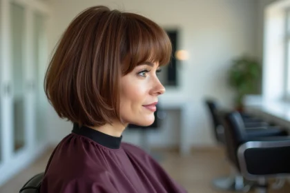 Femme portant une perruque coupe mulet brune réaliste dans un salon de coiffure professionnel