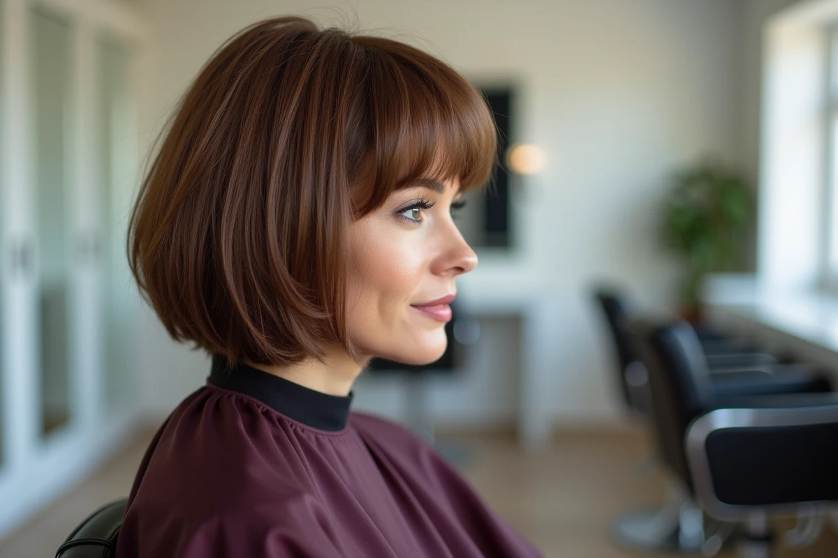 Femme portant une perruque coupe mulet brune réaliste dans un salon de coiffure professionnel