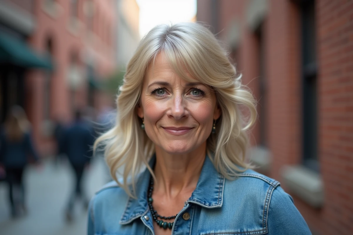 Portrait en extérieur d'une femme avec perruque mulet blond cendré à coupe réaliste et naturelle