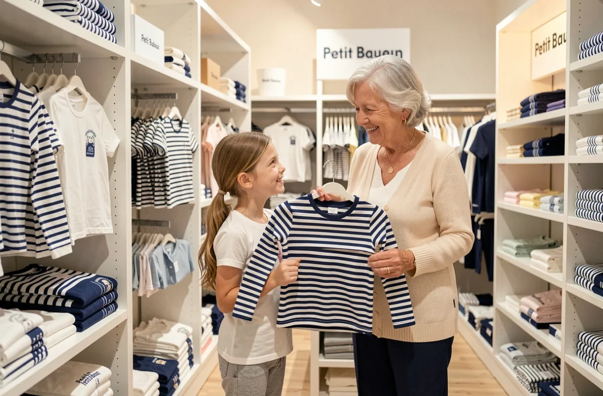 Une grand-mère et sa petite-fille admirent un t-shirt marinière en coton dans la boutique Petit Bateau à Nantes