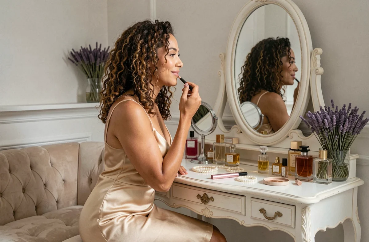 Femme aux cheveux bouclés en robe satin champagne devant une coiffeuse vintage avec miroir ovale, ambiance boudoir intime et féminine