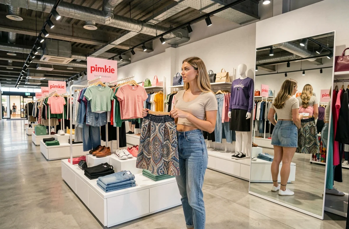 Jeune femme essayant des vêtements tendance dans une boutique Pimkie avec des présentoirs colorés en arrière-plan