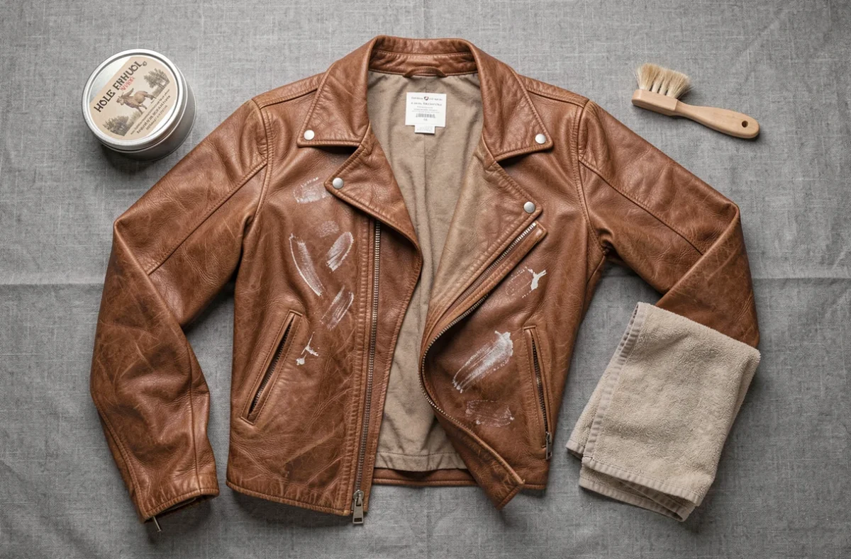 Flat-lay des produits d'entretien pour veste en cuir : cire, brosse et chiffon sur tissu gris