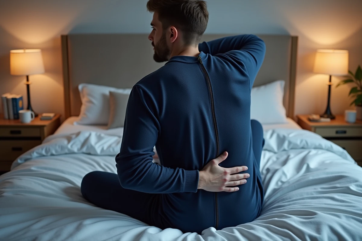 Homme en pyjama grenouillère zippé dans le dos en maille bleue marine, assis sur un lit montrant l'emplacement de la fermeture éclair dorsale