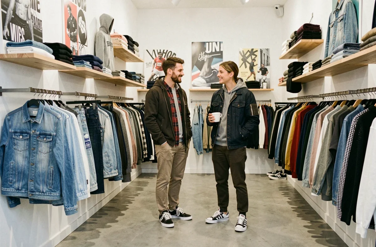 Jeune homme et jeune femme explorant les vêtements mixtes décontractés dans la boutique Quater Back à Rennes