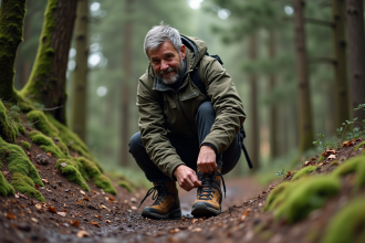 Homme randonneur inspectant ses chaussures de marche robustes