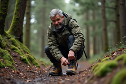 Homme randonneur inspectant ses chaussures de marche robustes