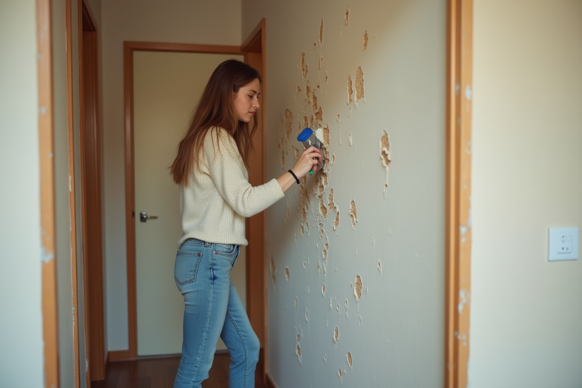 Jeune femme réparant un mur en flocking dans un appartement