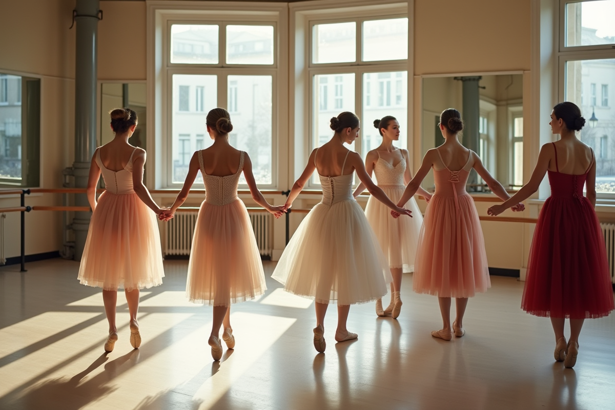 Groupe de danseurs en costumes de ballet en répétition