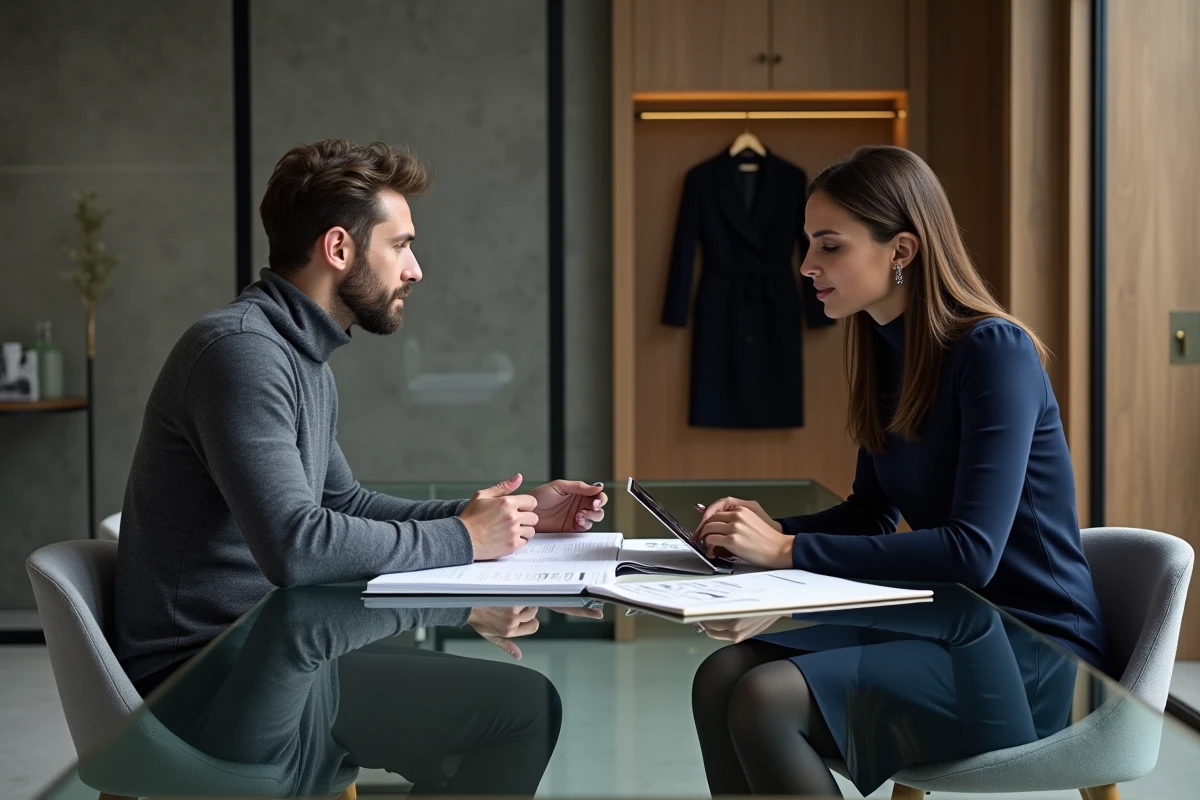 Deux professionnels du luxe en réunion dans un showroom moderne, discutant de créations et de nouveaux talents autour d'une tablette numérique