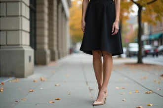 Femme en robe noire courte portant des escarpins beige nude dans une rue urbaine, look moderne et élégant