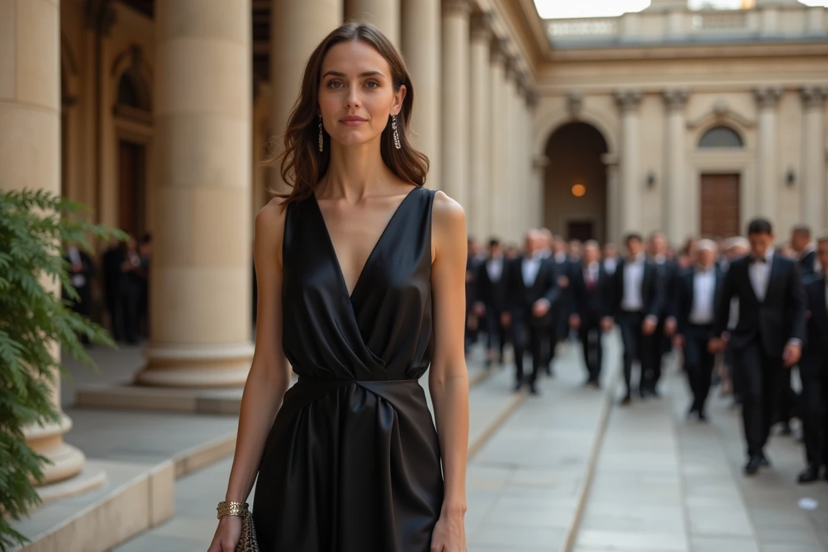 Femme en robe noire longue de soirée avec des sandales dorées sur des marches en marbre, look chic et élégant pour événement