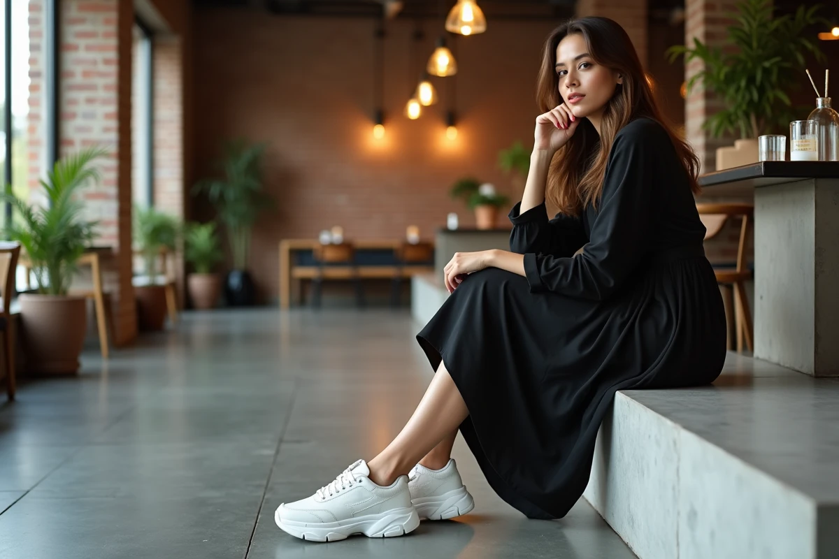 Femme portant une robe noire midi avec des sneakers blanches dans un café moderne, association tendance et décontractée