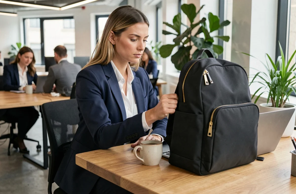 Femme au bureau posant son sac à dos chic noir sur un bureau en bois moderne
