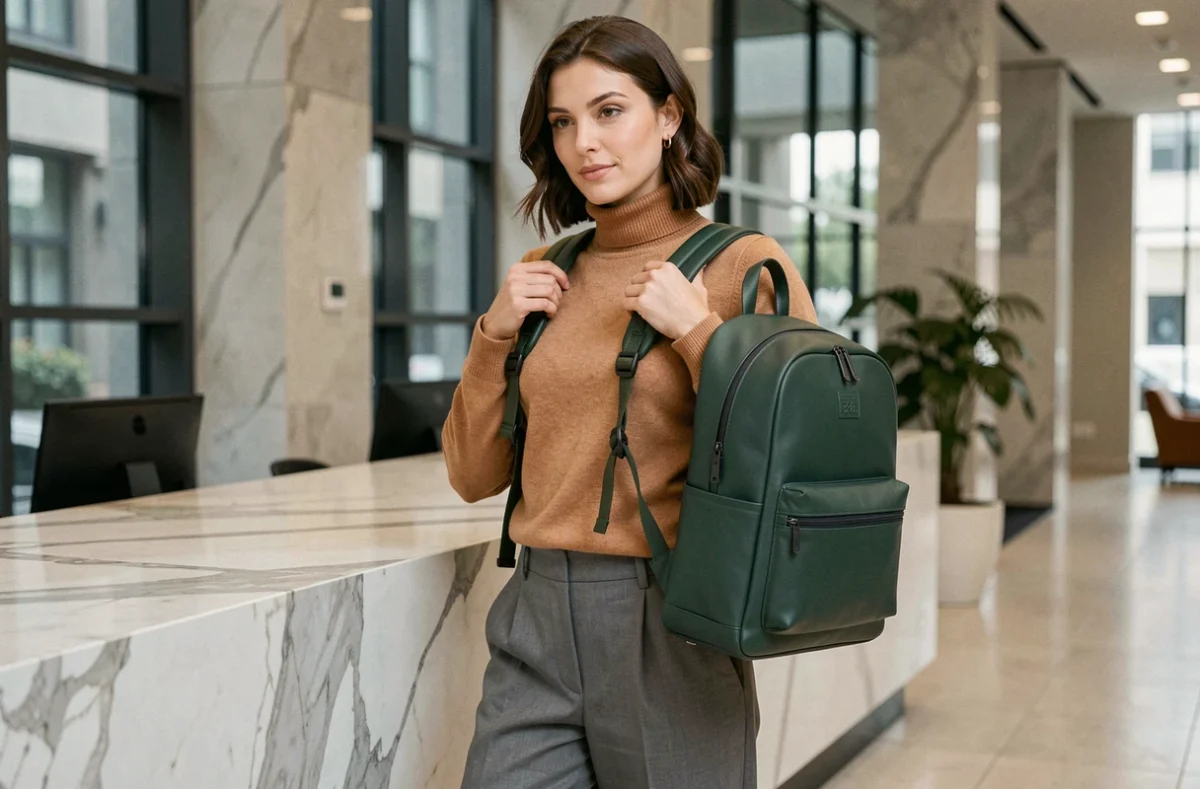 Femme ajustant les bretelles de son sac à dos vert élégant dans un hall d'entrée en marbre