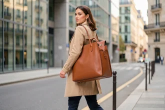 Femme professionnelle portant un sac à dos en cuir cognac élégant dans une rue parisienne