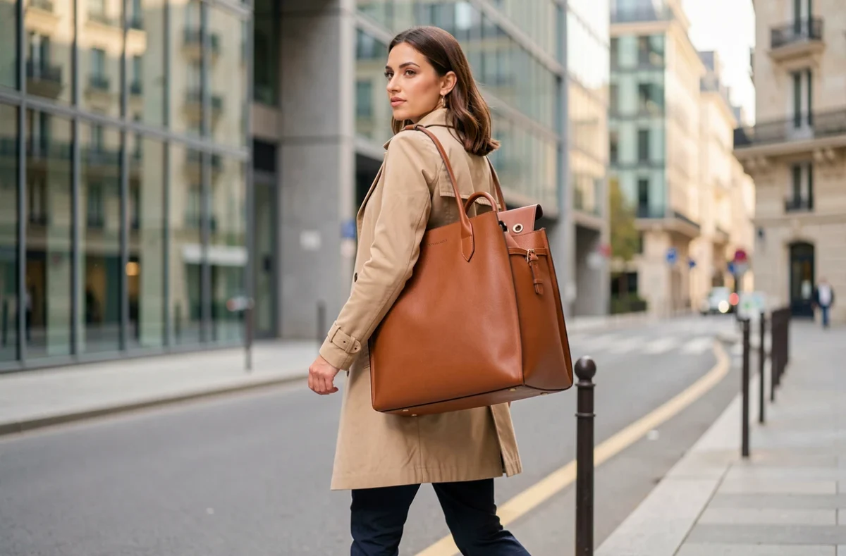 Femme professionnelle portant un sac à dos en cuir cognac élégant dans une rue parisienne