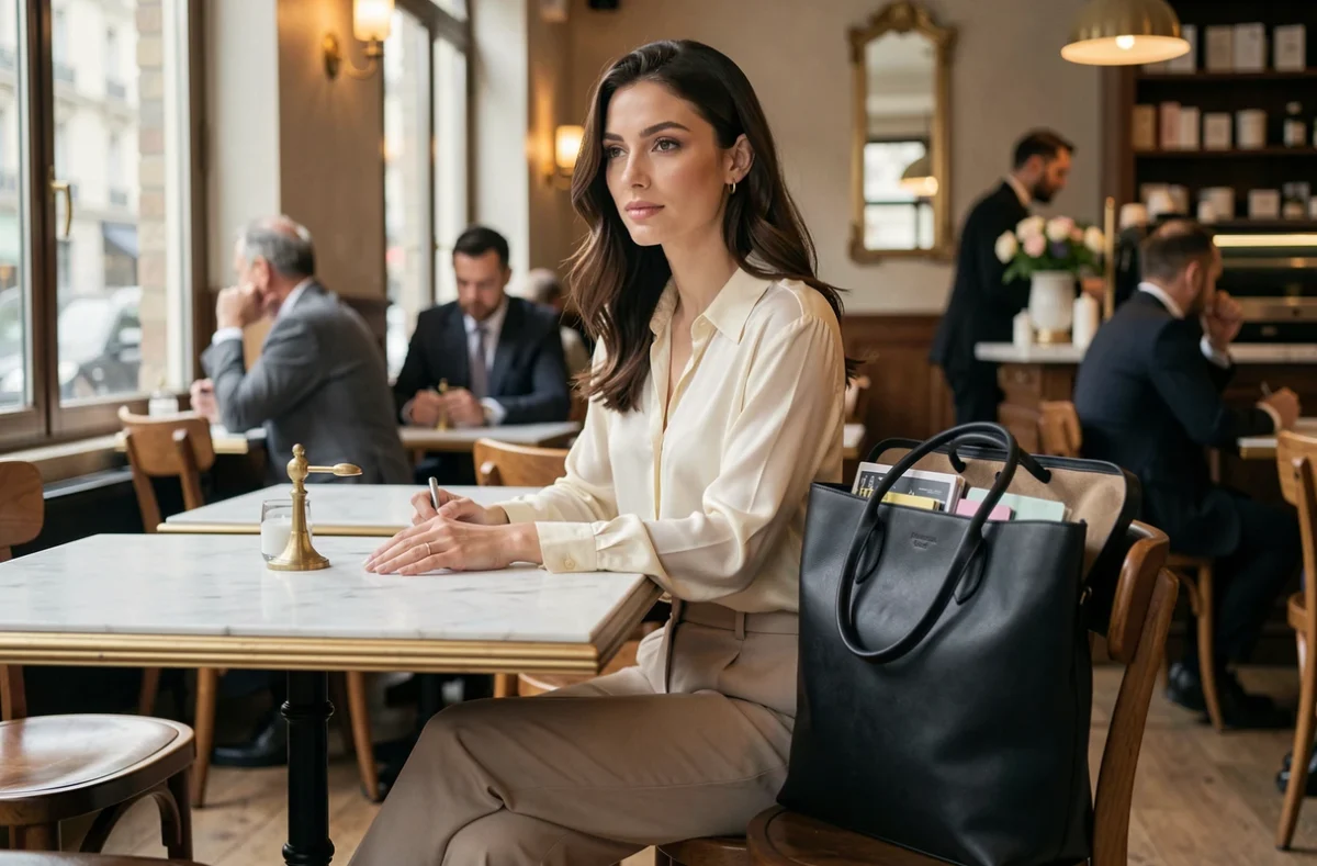 Femme élégante avec un sac de travail en cuir noir posé à côté d'elle dans un café parisien raffiné