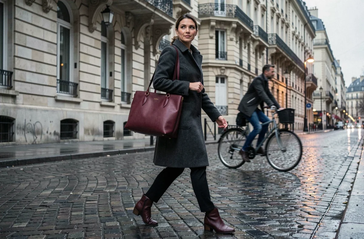 Femme portant un grand sac de travail en cuir bordeaux à bandoulière en marchant dans une rue pavée européenne