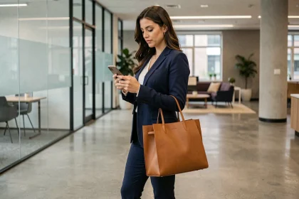 Femme professionnelle tenant un sac de travail en cuir caramel structuré dans un hall de bureau moderne