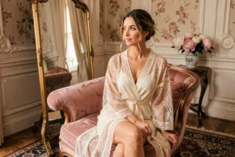 Femme élégante en robe en dentelle ivoire assise sur une chaise longue rose dans un boudoir parisien raffiné, séance photo boudoir féminine