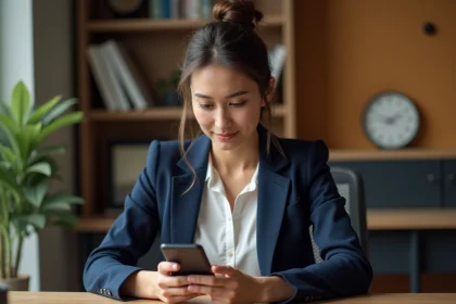 Femme consultant une confirmation de paiement sécurisé sur son smartphone dans un bureau à domicile