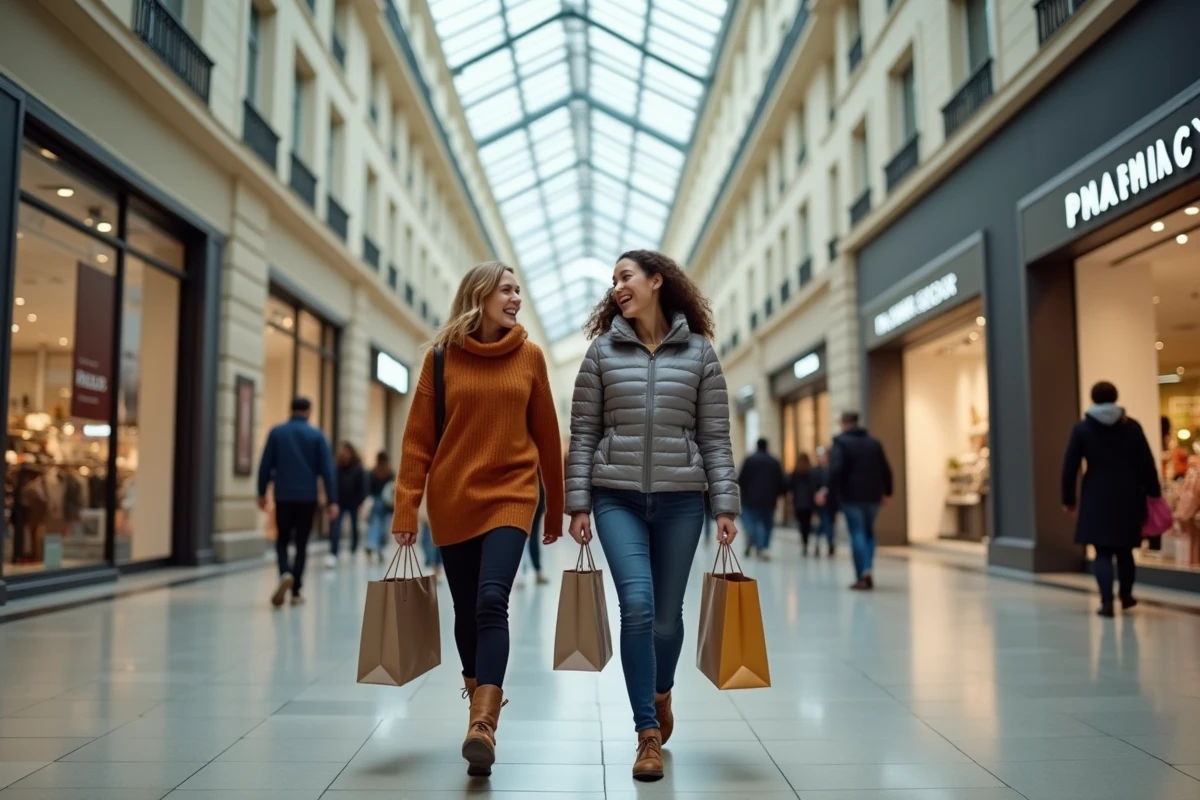 Deux femmes faisant du shopping dans le couloir principal du Centre Commercial Montparnasse à Paris