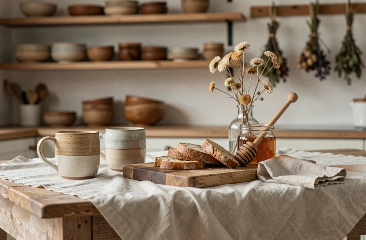 Table de petit-déjeuner cosy avec mugs en céramique artisanale, pain au levain, miel et fleurs séchées sur une nappe en lin dans une cuisine chaleureuse