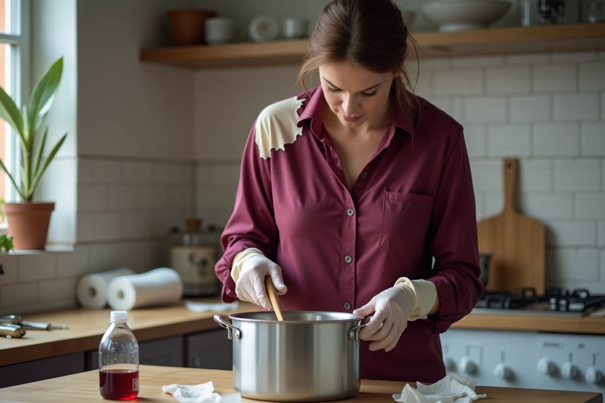 Femme préparant de la teinture textile pour masquer une décoloration sur un chemisier en polyester bordeaux