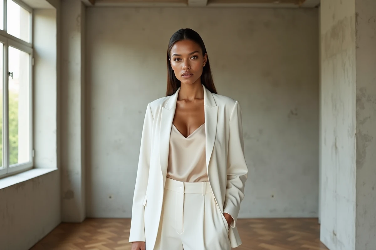 Femme peau mate en tenue blanche structurée blazer et pantalon dans un appartement parisien minimaliste