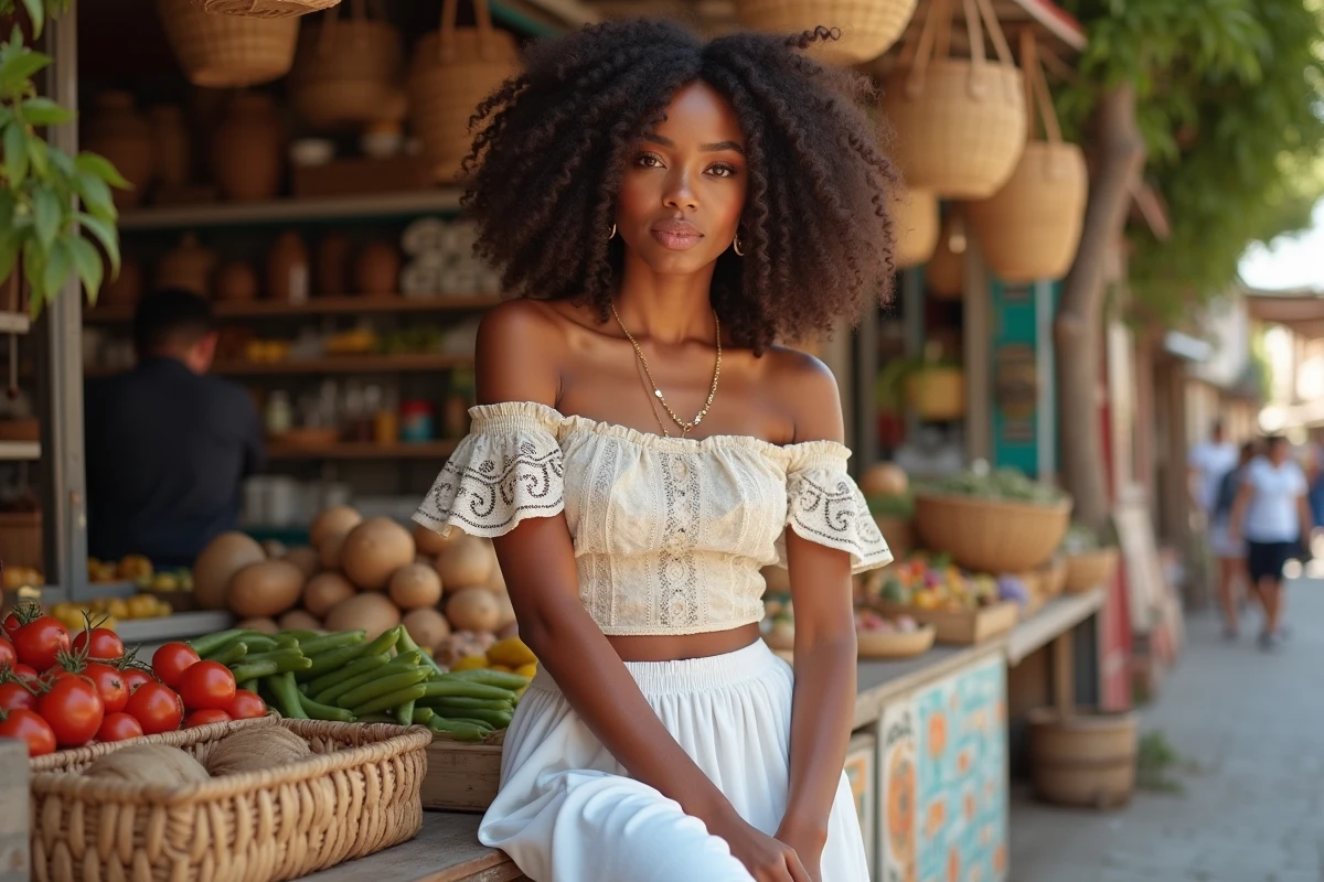 Femme à teint caramel en jupe blanche brodée anglaise assise dans un marché méditerranéen coloré
